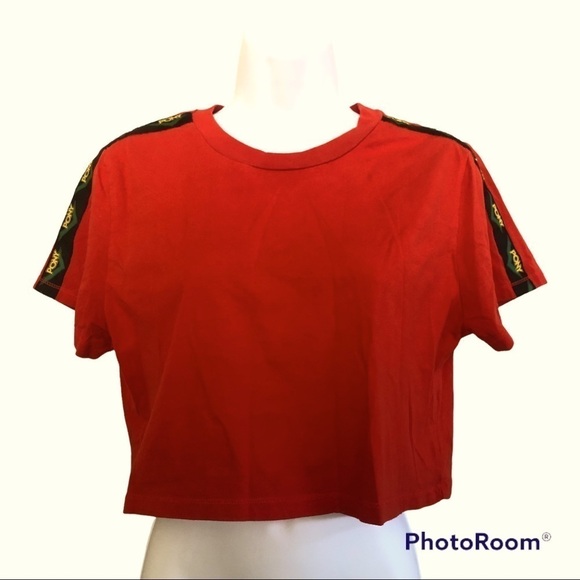 Forever 21 X Pony Logo Trim Shoulder Accent Red Cropped Crewneck Tee Size L - Picture 1 of 8